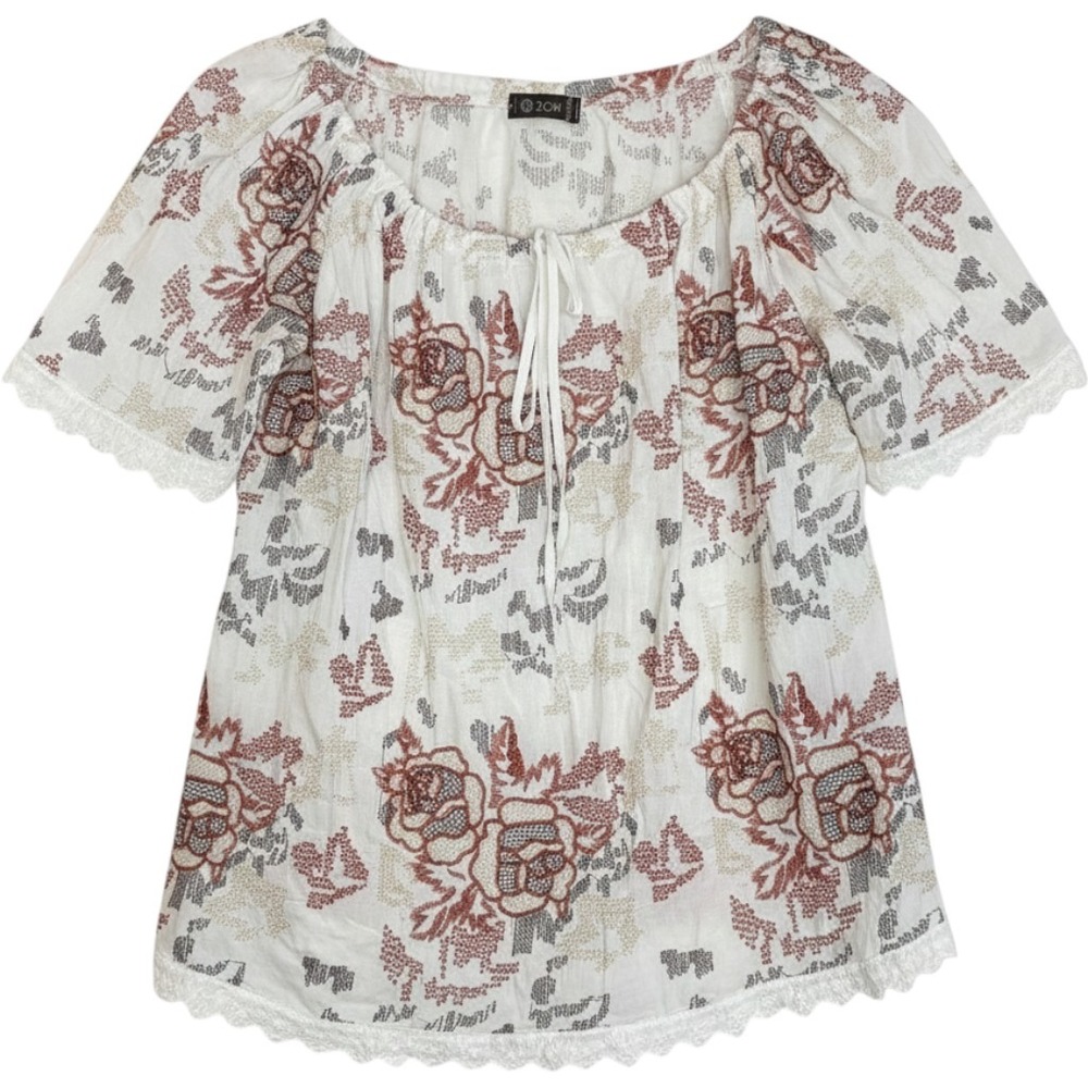 XCVI Tunic Medium Embroidered Tunic Top Boxy Drawstring‎ Cottagecore Boho